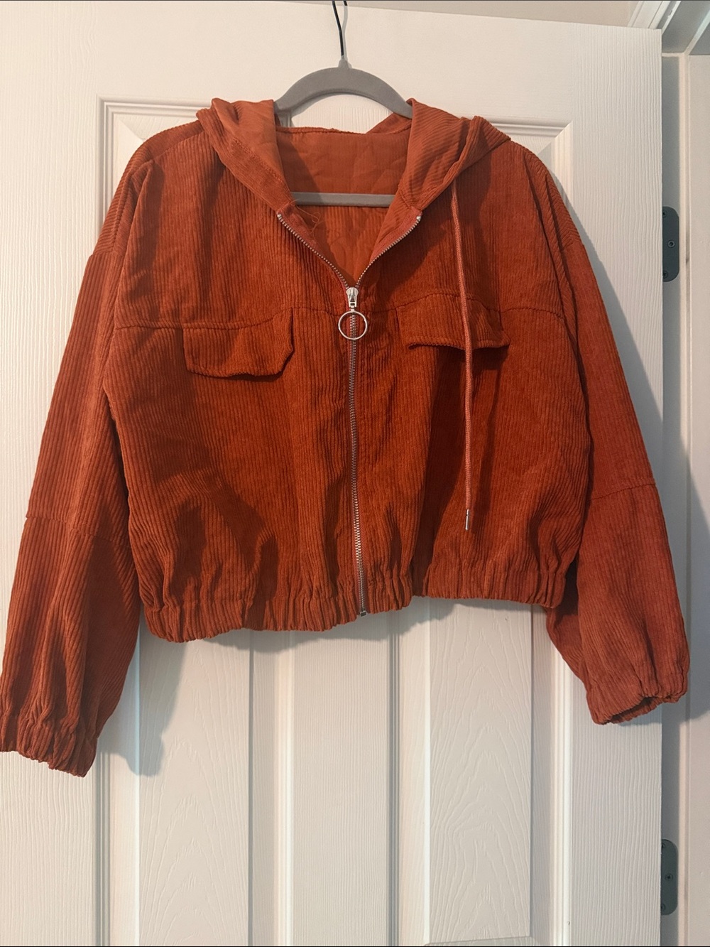 SHEIN Cropped Corduroy Hooded Utility Jacket in Rust Orange